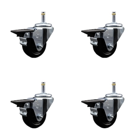 Service Caster 3'' Hard Rubber Wheel Swivel 7/16'' Grip Ring Stem Caster Set with Brake, 4PK SCC-GR20S314-HRS-PLB-716138-4